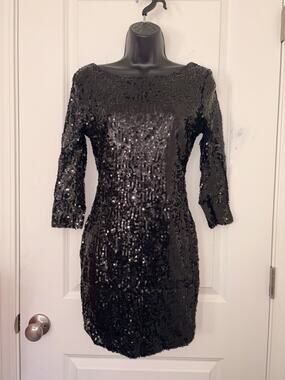 Glamorous Black Sequin Mini Dress Low Back & 3/4 Sleeves L